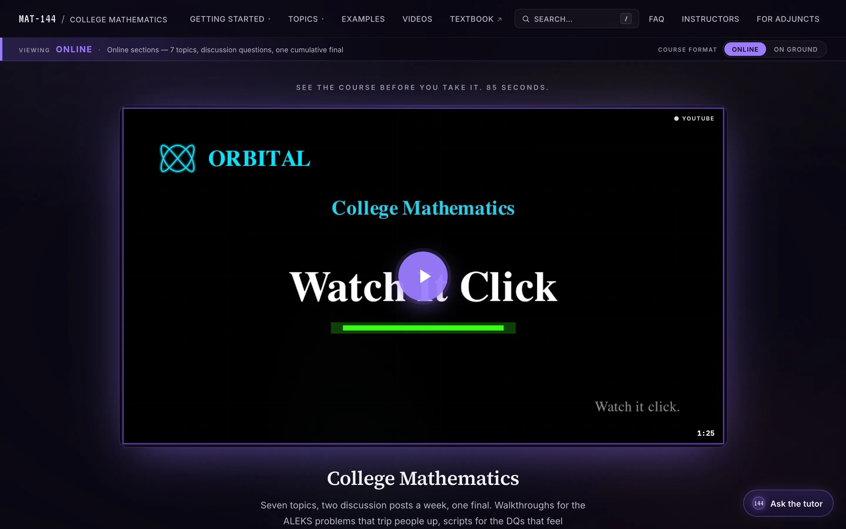 mat144.com home page with the course trailer