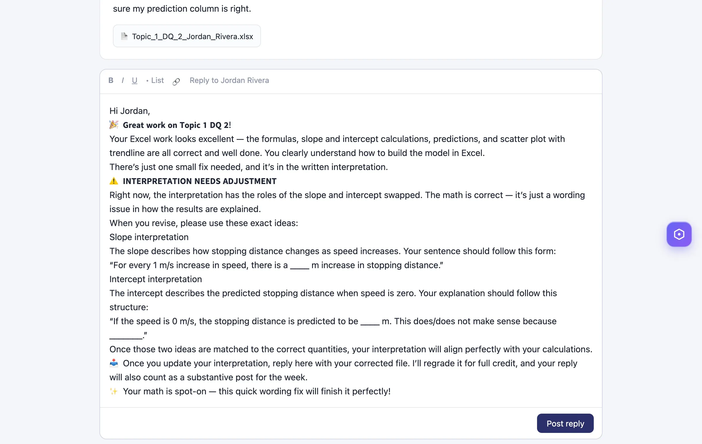 A full feedback response inserted into a discussion reply