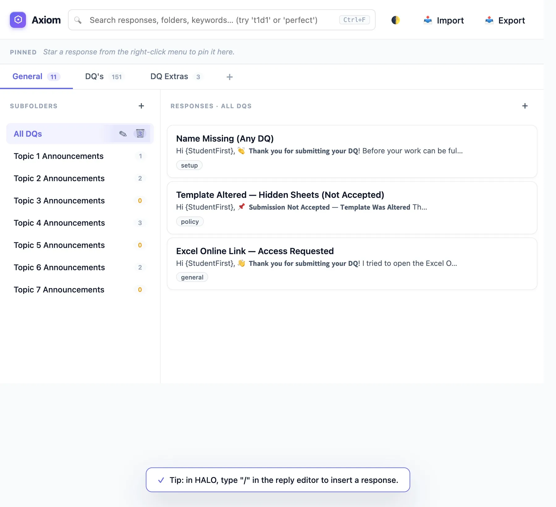 The library manager: folders, tags, import and export