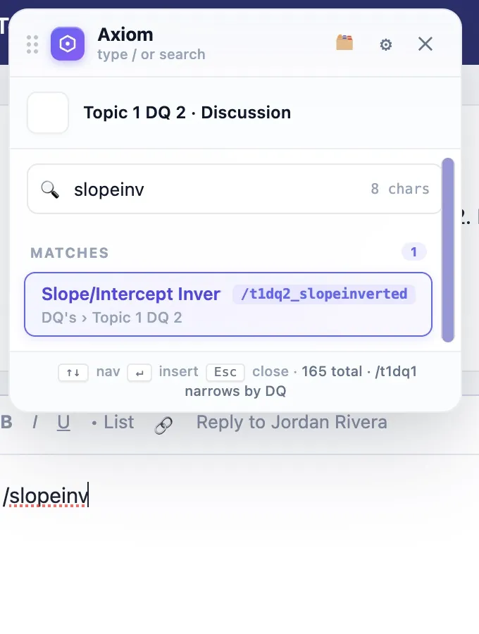 Axiom's slash-command picker matching '/slopeinv'