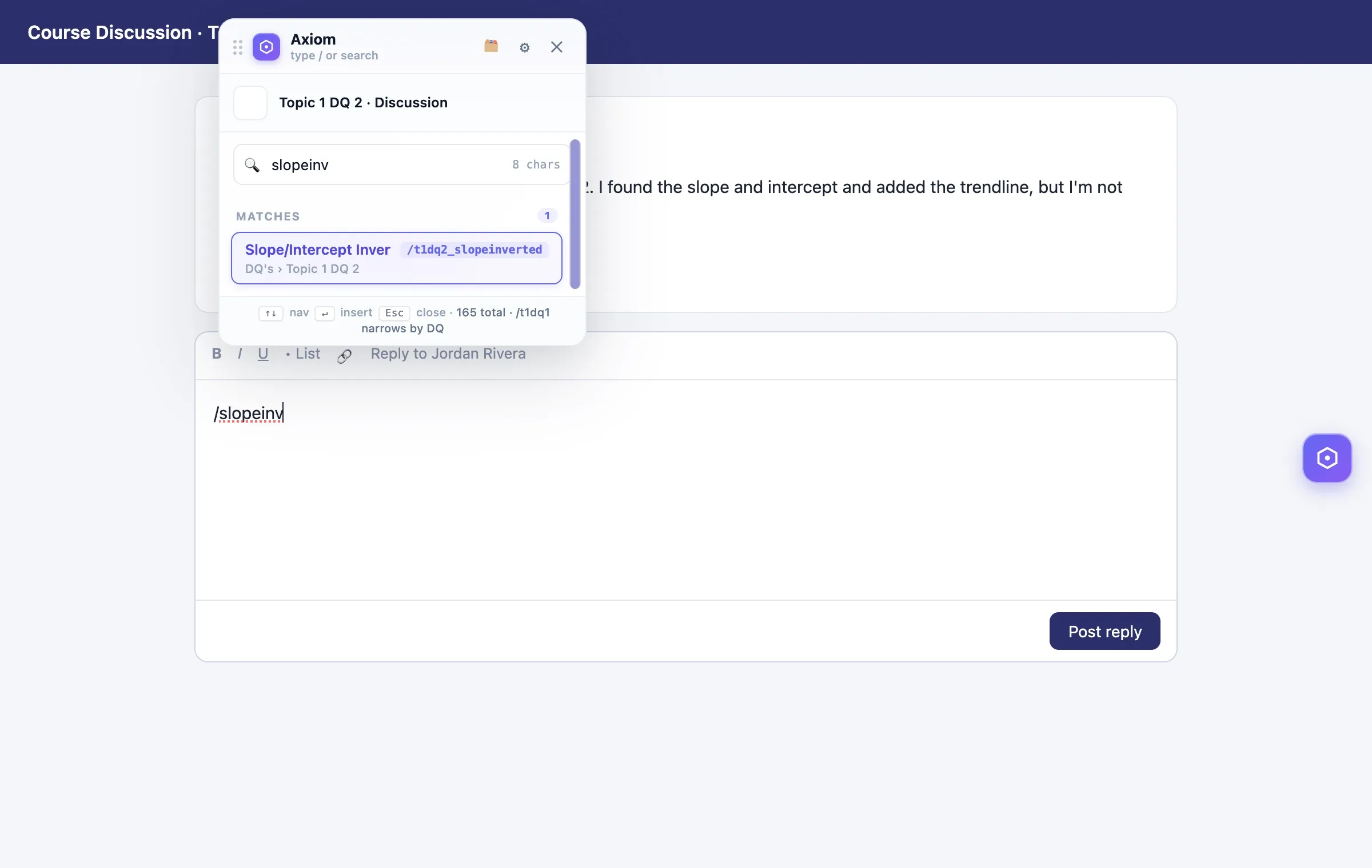 Type / and a keyword: the picker narrows 165 responses